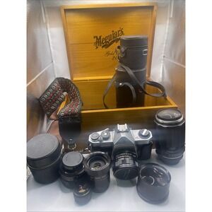 Pentax Spotmatic Vintage 35mm SLR Camera + 4 Takumar Lenses, And A Wooden Box